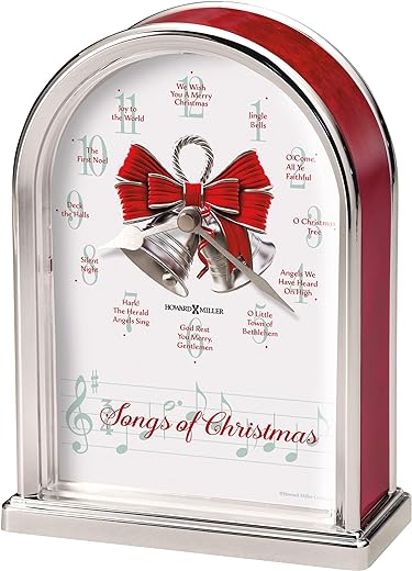 Howard Miller Songs of Christmas Table Clock 645-820 ? Silver Finished Arch, Red Marble Tone Sides, Decorative Silver Bells, Holiday Carol - Chimes, Quartz Movement