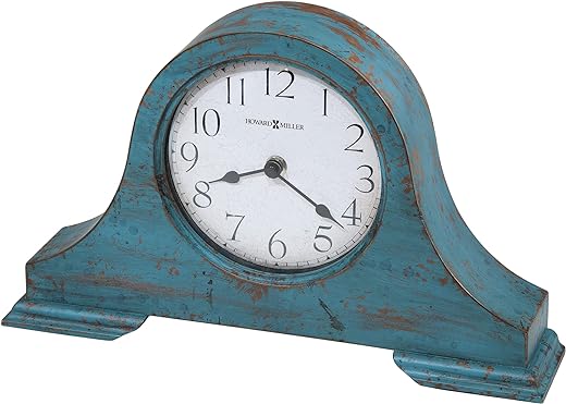 Howard Miller Tamson Mantel Clock 635-181 – Worn Teal Blue Finish, Vintage Wooden Design, Felted Base, Worn Arabic Numerals, Rustic Home Decor, Quartz Movement