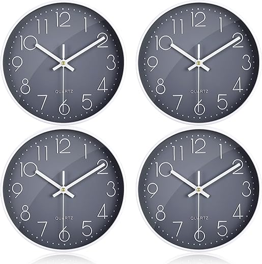 Inbagi 4 Pieces 10 Inch Quartz Silent Wall Clock Non Ticking Wall Clock, Battery Operated, Easy to Read, Round Modern Simple for Office Classroom School Home Living Bedroom Kitchen Decor, Gray