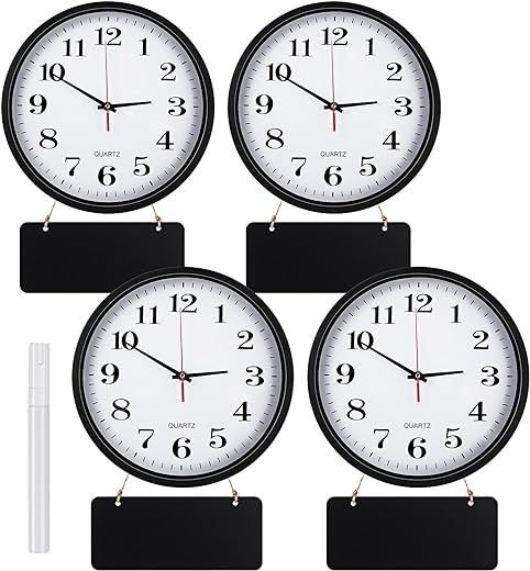 Inbagi 4 Pieces Wall Clocks Set Include Quartz Wall Clock Battery Operated Round Clock with 4 Pieces Hanging Chalkboard and White Marker Pen for School Office Home Room Kitchen (Black,12 Inch)