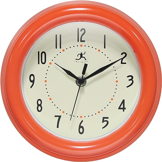 Infinity Instruments Retro 8 Inch Round, 1950's Vintage Style Wall Clock, Quartz Movement, Silent Ticking, Battery Operated, Indoor Use - Wall Clocks for Kitchen, School, Living Room - Orange