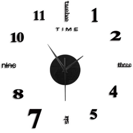 ionze Large Frameless DIY Wall Clock 3D Mirror Wall Clock Mute Wall Stickers for Living Room Bedroom Decor (Black)