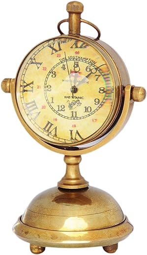 JD'Z COLLECTION Brass Table Clock RMS Titanic Desk and Shelf Clock Vintage Compass Antique Finish Handmade Old Look Clock for Office, Bedroom, Living Room, Home Decor (4.5”, Brown)