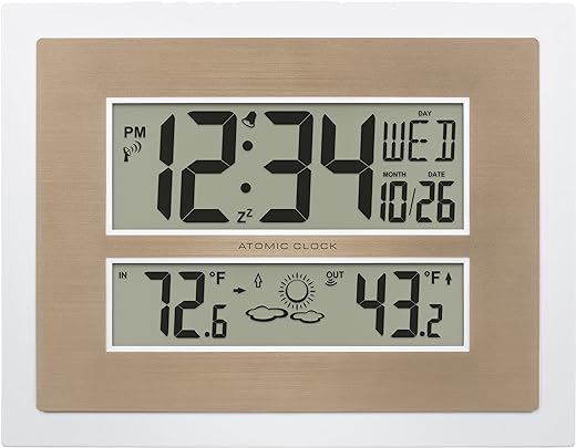 La Crosse Technology 512-14937-INT Atomic Digital Wall Clock with Temperature & Forecast in White/Champagne