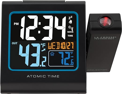 La Crosse Technology Color Projection Alarm Clock with Indoor/Outdoor Temperature & Charging USB Port, Wireless, Backlit, Black, 616-146