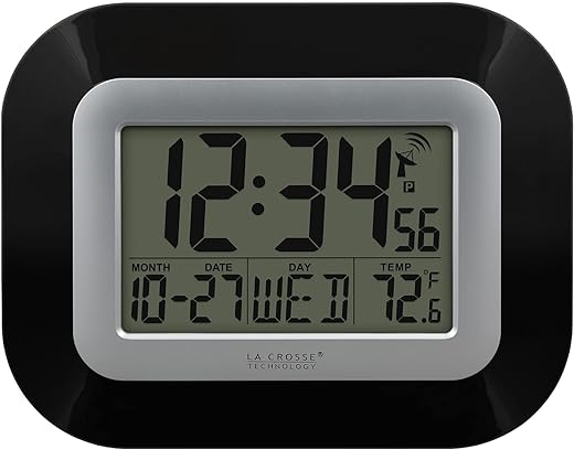 La Crosse Technology WT-8005U-B-INT Atomic Digital Wall Clock with Indoor Temperature, Black,