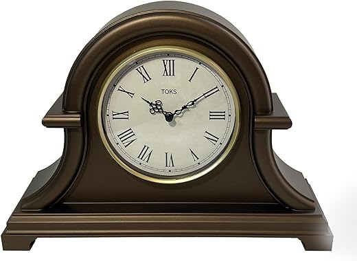 Lily's Home Non Ticking Mantel Clock - 13 x 10 inch Napoleon Desk and Shelf Clock with Quartz Movement, Ideal for Living Room, Vintage Desk, Retro Kitchen, Farmhouse Decor, Fireplace Mantle (Brown)