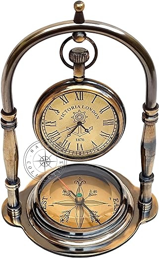 Maritime Compass Base Nautical Table Clock Ship's Clock Antique Brass Hanging Desk Clock Victoria London Pocket Watch Vintage Decorative Clock for Your Love one & Wedding Gift