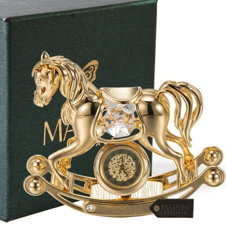 Matashi 24K Gold Plated Crystal Studded Rocking Horse Desk Clock Ornament