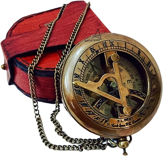 Nautical Brass Sundial Compass with Leather Case and Chain - Push Open Compass - Steampunk Accessory - Antiquated Finish - Beautiful Handmade Gift -Sundial Clock