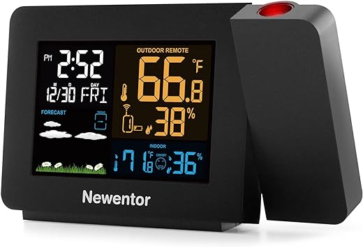 Newentor Projection Alarm Clock for Bedroom Ceiling, Atomic Projector Clocks with WWVB Function, Projecting Clock and Indoor Outdoor Temperature Humidity, Weather Forecast, Adjustable Backlight