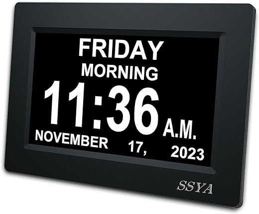 [Newest Version] 7 Inch Calendar Clock - 12 Alarm Options, Level 5 Auto Dimmable Display,Extra Large Impaired Vision Digital Clock with Non-Abbreviated Day & Month Alarm Clock (7 inch)