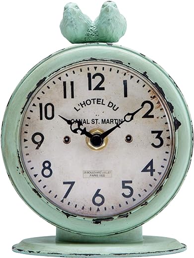 NIKKY HOME Vintage Table Clock, Shabby Chic Pewter Round Quartz Shelf Desk Clock with 2 Birds, 4.75 x 2.5 x 6.12, Light Green