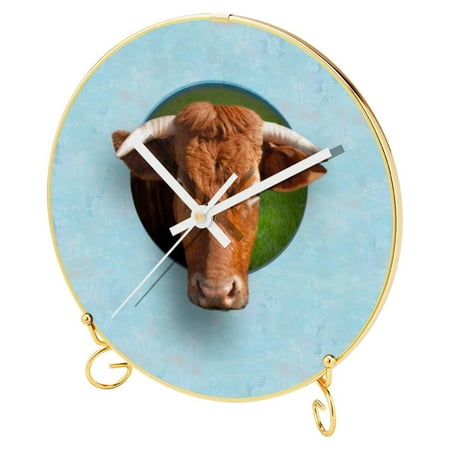 OWNTA Bull's Head Pattern Round Printed Wall Clocks with Hooks and Gold Stand: Silent, Non-Ticking Timepieces for Stylish and Peaceful Settings