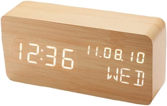 Pokanic Wood Digital Alarm Clock Desk Time, Date(MM/DD/YY), Day of The Week, Temperature, Nightlight Large LED Display Portable Lamp Bedroom, Office, School, Home, Livingroom, Room (Bamboo)