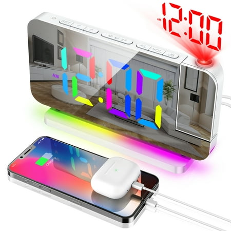 Projection Alarm Clock for Bedroom, Digital Clocks with 7.4” Large Display & USB Charging Port, RGB Night Light & Auto Dimming, 5 Levels Volume, LED Mirror Clock for Teens Girls Adults(White)