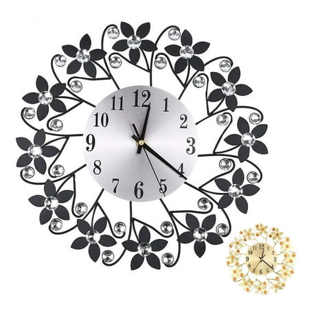 Retro Diamond Wrought Iron Wall Clock Leaf Petals Creative Mute Living Room Decoration Clock without Battery (Black)