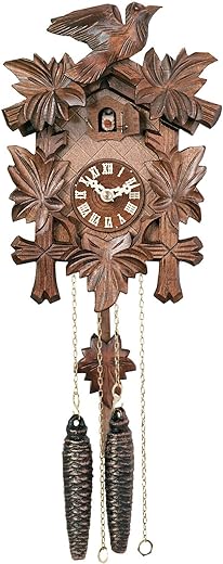 River City Clocks One Day Hand-Carved Cuckoo Clock with Five Maple Leaves & One Bird - 9 Inches Tall - Model # 11-09