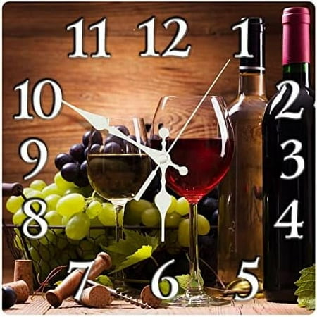 Round Wall Clock Silent Non-Ticking Clock 10 Inch Glasses Red White Wine Grapes Home Decor for Living Room Kitchen Bedroom and Office