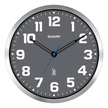 Sharp Atomic Analog Wall Clock - 12 Grey Face Silver Finish Auto Set Battery Opp Modern Design