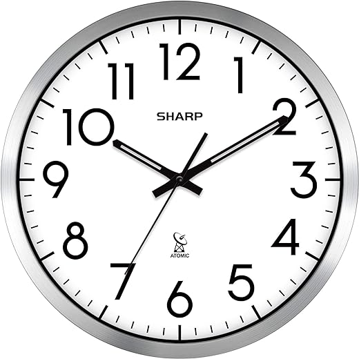 Sharp Atomic Analog Wall Clock - 12 Silver Brushed Finish - Sets Automatically- Battery Operated - Easy to Read - Easy to Use: Simple, Easy to Read Style fits Any Decor