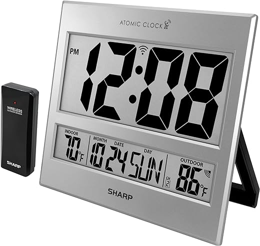 Sharp Atomic Clock - Atomic Accuracy - Never Needs Setting! -Silver Tech Style - Jumbo 3" Easy to Read Numbers - Indoor/Outdoor Temperature Display with Wireless Outdoor Sensor - Easy Set-Up!