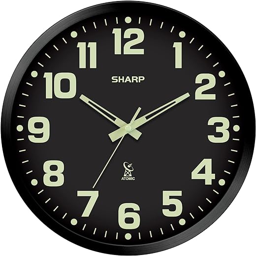 Sharp Glow in The Dark Atomic Analog Wall Clock - 12 Clock with Black Frame - Sets Automatically - Battery Operated - Easy to Read - Easy to Use – See Day or Night!