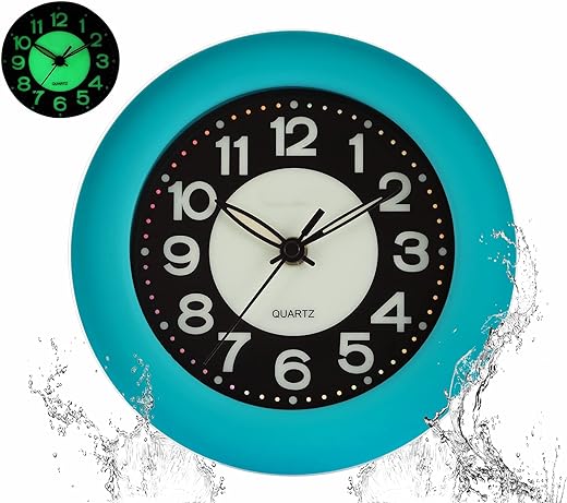 Shower Clock Luminous Bathroom Clock【Waterproof for Water Spray】 Battery Powered, Non Ticking Silent Analog Clocks (Blue)