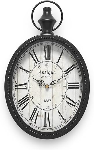 Small Retro Oval Wall Clock, Antique Old Design, Black Vintage Style, Battery Operated Silent Decor Wall Clocks for Kitchen,Bedroom,Farmhouse,Bathroom (11.2 H x 6.7 W)