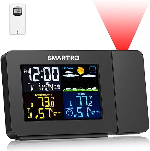 SMARTRO SC91 Projection Alarm Clock for Bedrooms with Weather Station, Wireless Indoor Outdoor Thermometer, Temperature Humidity Monitor Gauge Hygrometer