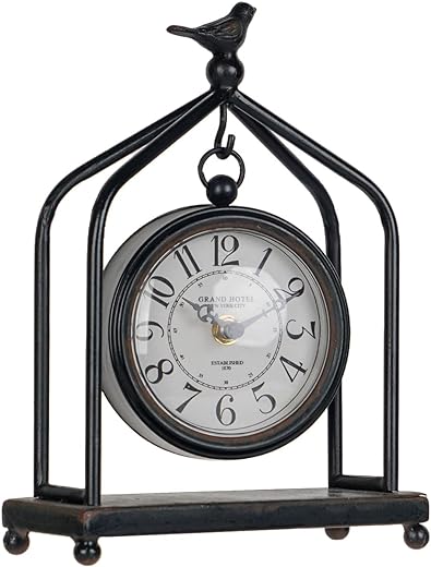 SOFFEE DESIGN 7.5'' x 10'' Mantel Clock Iron Tower Frame, Creative Bird Ornament Tabletop Clock, Silent Clock with Hollow Carved Back Cover for Home Decor, Black