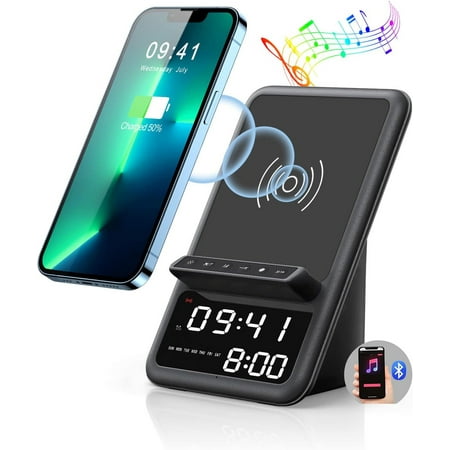 Speaker Alarm Clock,Wireless Charging Station with Bluetooth Speaker，Sleep Timer Charging Station with iPhone,Samsung,Android Phones，Music Playback, Bluetooth Connection, Phone Answering, (Black)