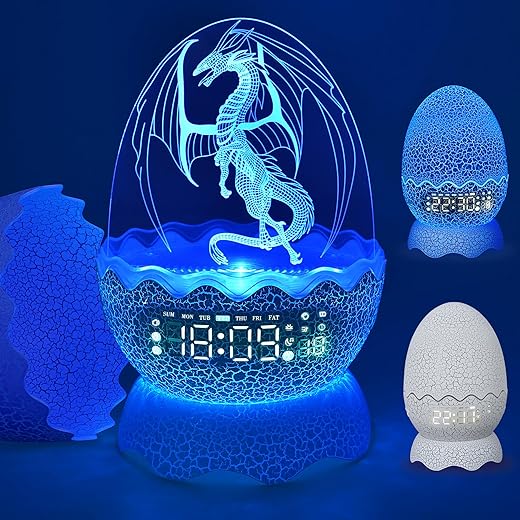 Unique Dragon Egg Alarm Clock/Night Light/Lullaby White Noise/Bluetooth Speaker 4-in-1, Remote Control 16 Colors & Brightness & Volume, for Kids/Adult