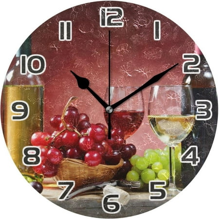 Vineyard Wine Grape Wall Clock Round Vintage Silent Non Ticking Battery Operated Accurate Arabic Numerals Design for Home Kitchen Living Room Bedroom, 10 Inch