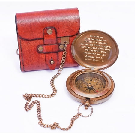 Vintage Brass Sundial Compass with Leather Case - Antique Brass & Copper Sun Clock for Camping, Hiking, Touring - Engraved Gift for Him - Nautical Ship Replica Watch - Sundial Clock in Box