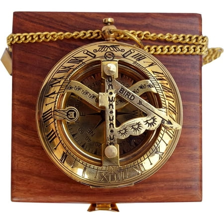 Vintage Brass Sundial Compass with Leather Case - Antique Brass & Copper Sun Clock for Camping, Hiking, Touring - Engraved Gift for Him - Nautical Ship Replica Watch - Sundial Clock in Box