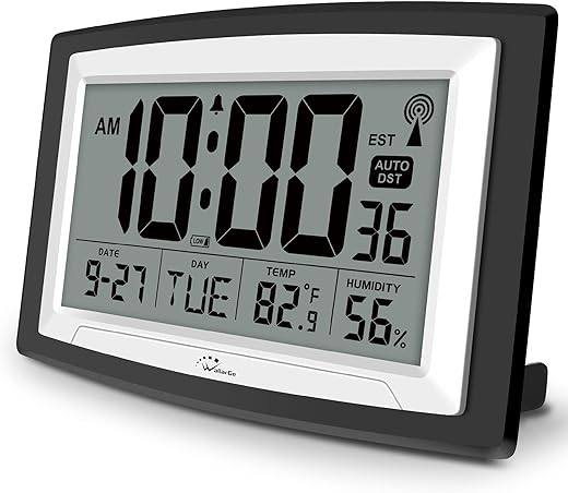 WallarGe Atomic Clock with Indoor Temperature and Humidity, 12.5 Inch Self-Setting Digital Wall Clock or Desk Clock, Battery Operated Digital Clock Large Display for Seniors, Auto DST