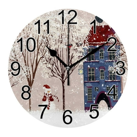 Wall Clock Christmas Snowman Winter Tree Silent Non Ticking Acrylic 10 Inch Home Decorative Office School Round Clock Art