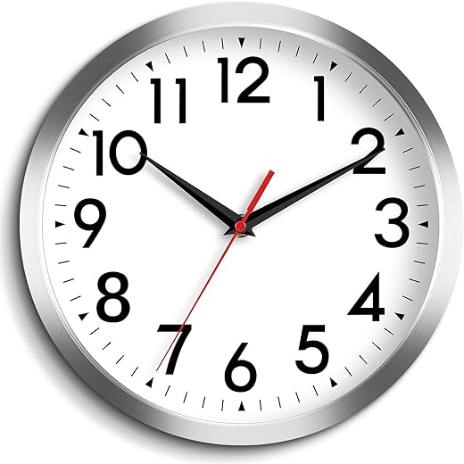 Wall Clock, Modern Wall Clocks Battery Operated, 10 Inch Simpel Silent Non-Ticking Clock Decorative for Kitchen, Office, Outdoor, Bedroom, Living Room, School, Classroom(Silver)