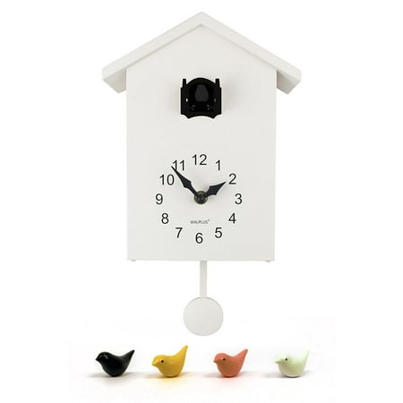 Walplus White Minimalist Cuckoo Clock Colorful Window 4 Changeable Birds Black Hang Clock