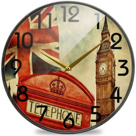 Wellsay Vintage London England UK Big Ben Round Wall Clock, 9.5 Inch Silent Battery Operated Quartz Analog Quiet Desk Clock for Home,Office,School