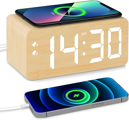 Wooden Digital Alarm Clock, 10W Fast Wireless Charger Station & 2 USB Charging Ports, with 0~99% Dimmer, Dual Alarm, Weekday/Weekend Mode, Wood LED Clock for Bedroom, Desk, Office