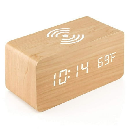 Wooden Digital Alarm Clock , Fast Wireless Charger Station , Sleep Timer, Wood LED Clock for Bedroom, Bedside, Desk,Bamboo color，G169931