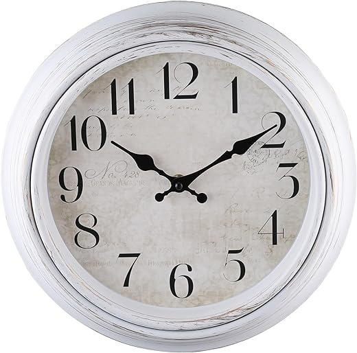 WOOPHEN Retro Wall Clock Battery Operated 12 Inch Silent Wall Clocks Antique Clock Vintage Decorative for Kitchen Bedroom Living Room Office (White)