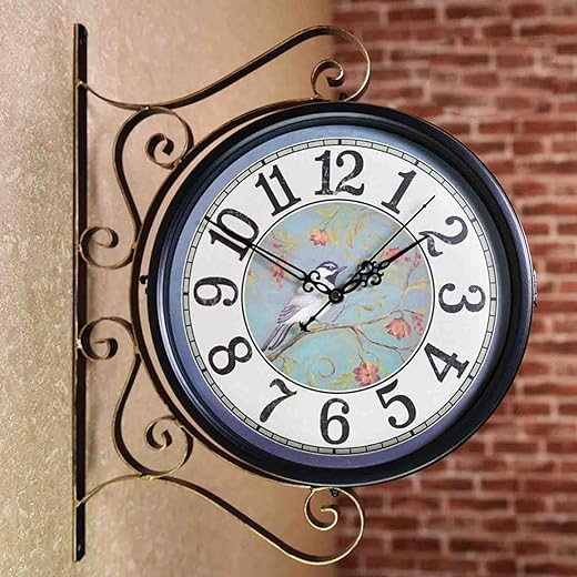 Wrought Iron Antique-Look Brown Round Wall Hanging Double Sided Two Faces Retro Station Clock Round Chandelier Wall Hanging Clock Home Décor Wall Clock Decoration