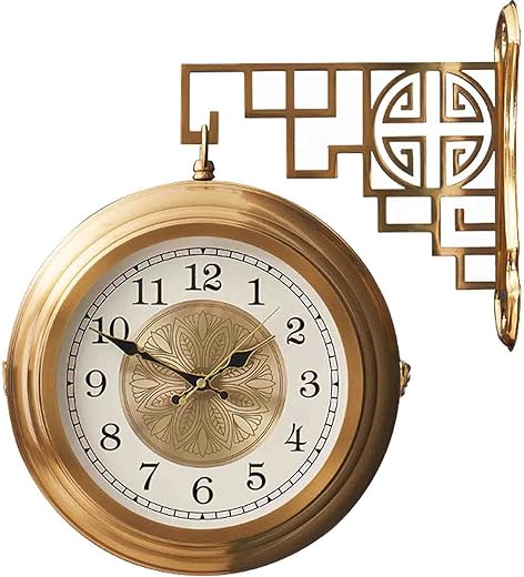 Wrought Iron Antique-Look Round Wall Hanging Double Sided Two Faces Retro Station Clock Round Chandelier Wall Hanging Clock with Scroll Wall Side Mount Home Décor Wall Clock 8-inch