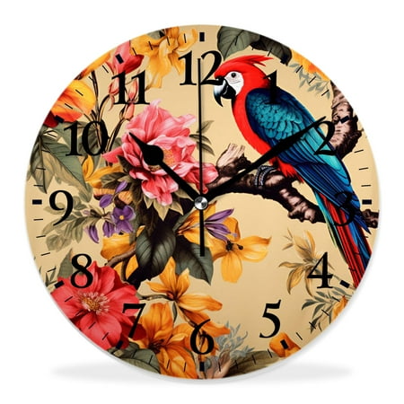 10 Inch Wall Clock Battery Operated Silent Clock Decorative for Office, Kitchen, Outdoor, Living RoomTropical Pattern Parrot Bird Butterfly Hummingbird Palm Leaf Beautiful