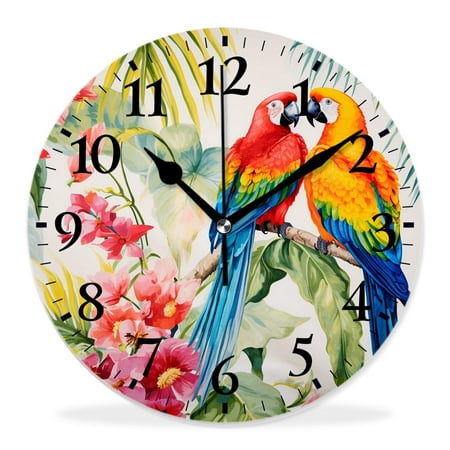 10 Inch Wall Clock Battery Operated Silent Clock Decorative for Office, Kitchen, Outdoor, Living Room，Tropical Pattern Parrot Bird Butterfly Hummingbird Palm Leaf Art