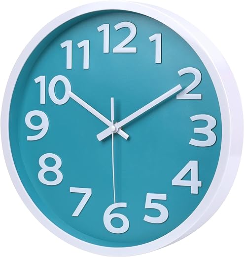 10 Inch Wall Clock Silent Non-Ticking Battery Operated,Modern Wall Clocks 3D Numbers Easy to Read Quartz Analog Clock for Bedroom Bathroom Kitchen Home School Office Decor,Coastal Beach Theme (Aqua)