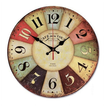 12 Inch Retro Wooden Wall Clock Farmhouse Decor, Silent Non Ticking Wall Clocks Decorative - Big Wood Atomic Analog Battery Operated - Vintage Rustic Colorful Tuscan Country Outdoor